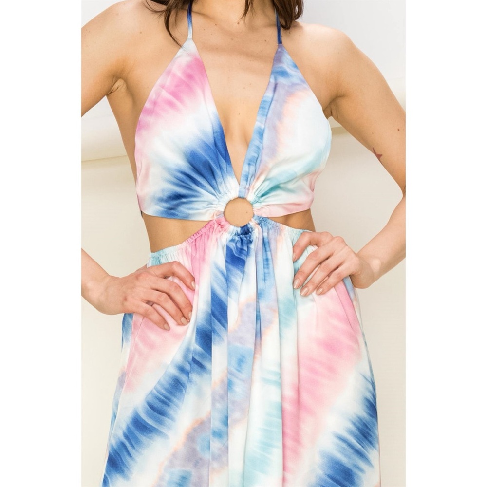 . Boutique Rainbow Sunset Colorful Tie Dye Colorful Cutout Tie Maxi Dress - Picture 8 of 11